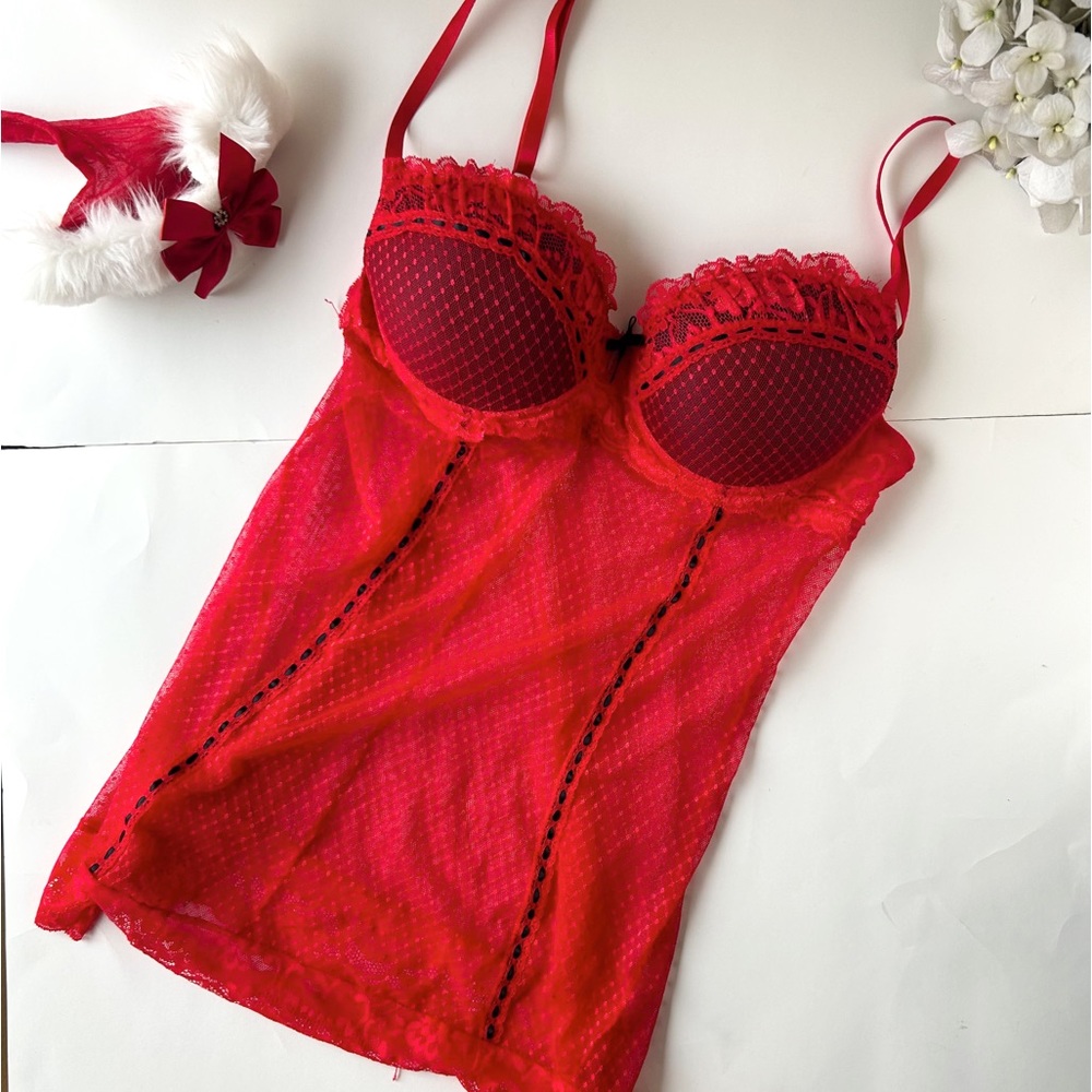 3/$20 Jezebel, red and black lace négligée mesh,